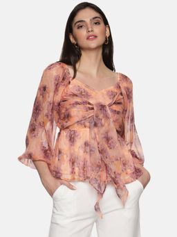 IS.U - Floral Peach Front Tie Knot Peplum Crop Top