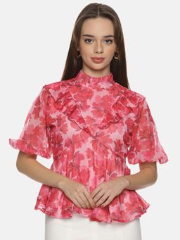 IS.U - Floral Pink High Neck Peplum Crop Top