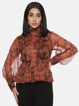 IS.U - Floral Brown Front Tie Knot Peplum Crop Top