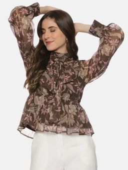 IS.U - Floral Brown Front Tie Knot Peplum Crop Top