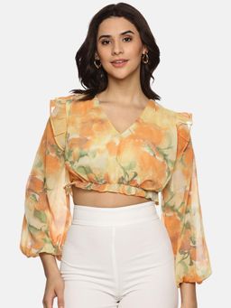 IS.U - Floral Yellow Front Gathered Crop Top