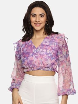 IS.U - Floral Purple Front Gathered Crop Top