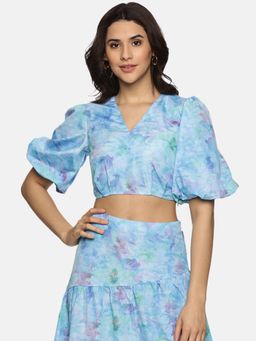 IS.U - Floral Blue Puff Sleeve Crop Top