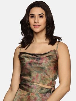 IS.U - Floral Brown Cowl Neck Crop Top