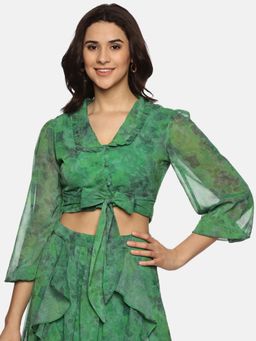 IS.U - Floral Green Front Tie-Knot Crop Top