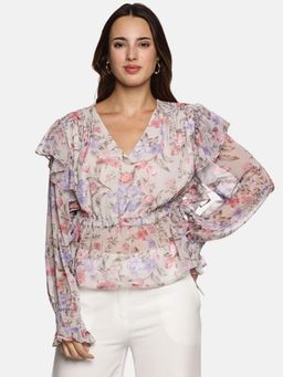 IS.U - Floral Beige V-Neck Smocked Sleeve Top