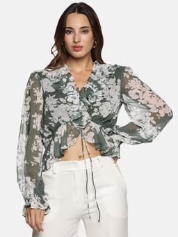 IS.U - Floral Green V-Neck Blouson Sleeve Crop Top