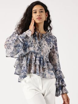 IS.U - Floral Blue Ruffled Sleeve Peplum Top