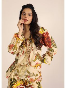 Kaori By Shreya - Beige and Multi Floral Cotton V-Neck Kurta Style Work Wear Relaxed Top