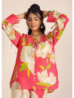 Kaori By Shreya - Pink and Multi Floral Cotton Relaxed Kurta Style Work Wear V-Neck Top