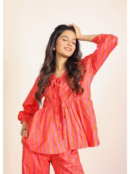 Kaori By Shreya - Red and Pink Textile Print New Age Stripe Cotton Work Wear Tunic V-Neck Top