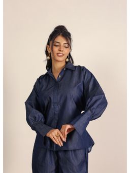 Kaori By Shreya - Solid Dark Blue Cotton Denim Button Closer Relaxed Oversized Collared Shirts