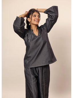 Kaori By Shreya - Solid Dark Black Denim Cotton Kurta Style V-Neck Relaxed Top
