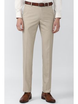 Van Heusen - Men Cream Solid Slim Fit Trousers