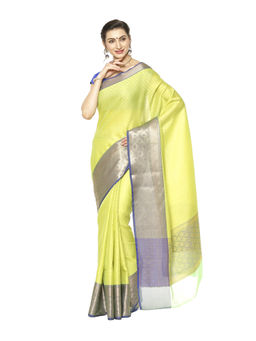 Banarasi Silk Works - Green Resham Zari Pattu Border Art Saree with Unstitched Blouse