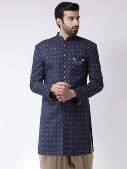 KISAH - Men Navy Blue Sherwani Front Closure