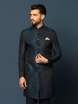 KISAH - Men Navy Blue Sherwani Front Closure