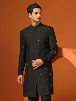 KISAH - Men Black Cut Dana Embroidery Silk Blend Indowestern Sherwani with Zari Design