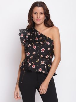 Latin Quarters - Floral Print One Shoulder Party Top Black