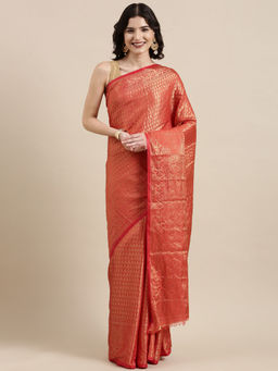 VAIRAGEE - Red & Golden Ethnic Motifs Pure Silk Kanjeevaram Saree with Unstitched Blouse