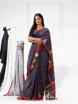 Angoshobha - Payne Grey Cotton Jamdani Saree with Unstitched Blouse