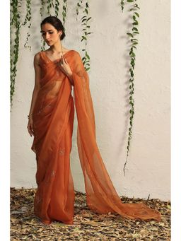 Charkhee - Spice Orange Organza Nakshi Saree with Stitched Blouse