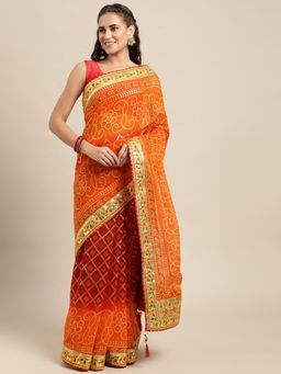 Vastranand - Orange & White Sequinned Bandhani Saree with Unstitched Blouse