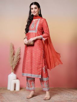 Jaipur Kurti - Printed Straight Orange Kurta With Pant and Dupatta