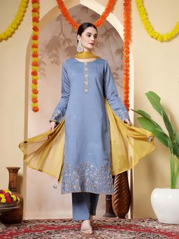 Jaipur Kurti - Floral Embroidered Straight Blue Kurta With Pant and Dupatta