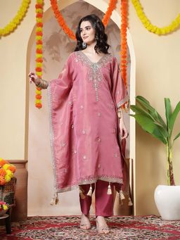 Jaipur Kurti - Embroidered Kaftan Pink Kurta With Pant