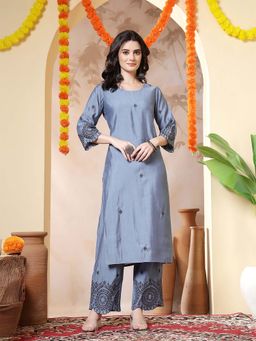 Jaipur Kurti - Embroidered Straight Blue Kurta With Pant