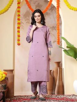 Jaipur Kurti - Embroidered Purple Straight Kurta With Pant