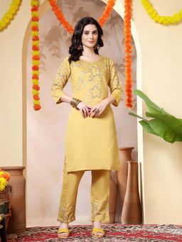 Jaipur Kurti - Floral Embroidered Straight Yellow Kurta With Pant