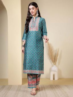 Jaipur Kurti - Floral Printed Straight Green Kurta With Pant