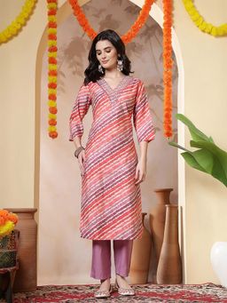 Jaipur Kurti - Leheriya Embroidered Straight Lavender Kurta and Trousers Sets