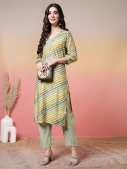 Jaipur Kurti - Leheriya Embroidered Straight Green Kurta and Trousers Sets