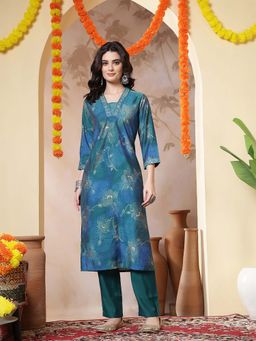 Jaipur Kurti - Embroidered Straight Turquoise Kurta and Trousers Sets