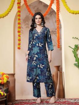 Jaipur Kurti - Floral Embroidered Blue Straight Kurta and Trousers Sets