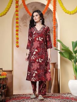 Jaipur Kurti - Floral Embroidered Straight Maroon Kurta and Trousers Sets