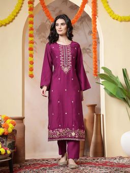 Jaipur Kurti - Floral Embroidered Straight Purple Kurta and Trousers Sets