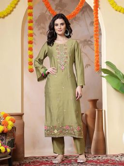 Jaipur Kurti - Floral Embroidered Straight Green Kurta and Trousers Sets
