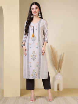 Jaipur Kurti - Floral Embroidered Straight Grey Kurta and Trousers Sets