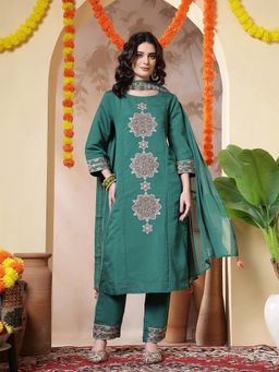 Jaipur Kurti - Embroidered Straight Green Kurta With Pant and Dupatta