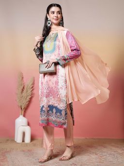 Jaipur Kurti - Floral Printed Straight Multi-Color Kurta With Pant and Dupatta