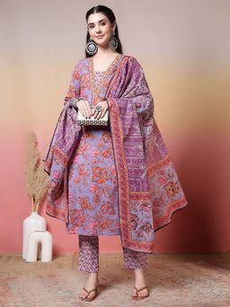 Jaipur Kurti - Floral Embroidered Straight Pure Cotton Lavender Kurta With Pant and Dupatta
