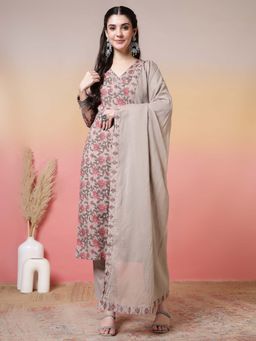 Jaipur Kurti - Floral Embroidered Straight Pure Cotton Grey Kurta With Pant and Dupatta