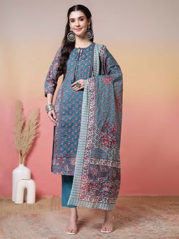 Jaipur Kurti - Floral Embroidered Straight Pure Cotton Blue Kurta With Pant and Dupatta