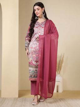 Jaipur Kurti - Floral Printed Straight Silk Blend Multi-Color Kurta with Pant and Dupatta