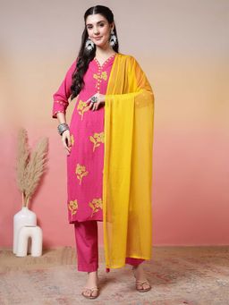 Jaipur Kurti - Floral Embroidered Straight Pure Cotton Pink Kurta With Pant and Dupatta