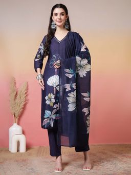 Jaipur Kurti - Floral Embroidered Straight Blue Kurta With Pant and Dupatta